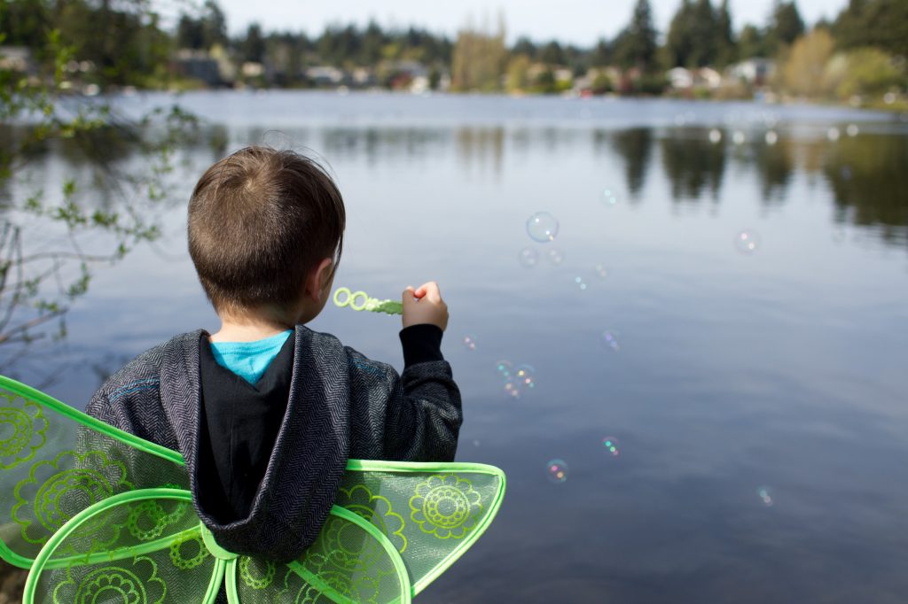 Little boy wearing green fairy wings and a grey hoodie blowing bubbles over a lake with evergreen trees in the distance.